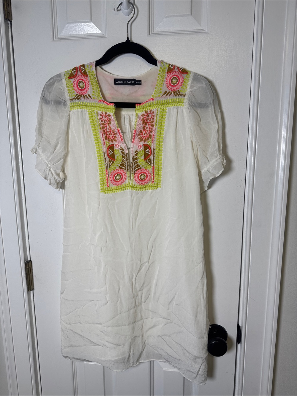Antik Batik Embroidered Boho Tunic Dress XS White Neon Beaded Resort Coverup - Picture 7 of 11